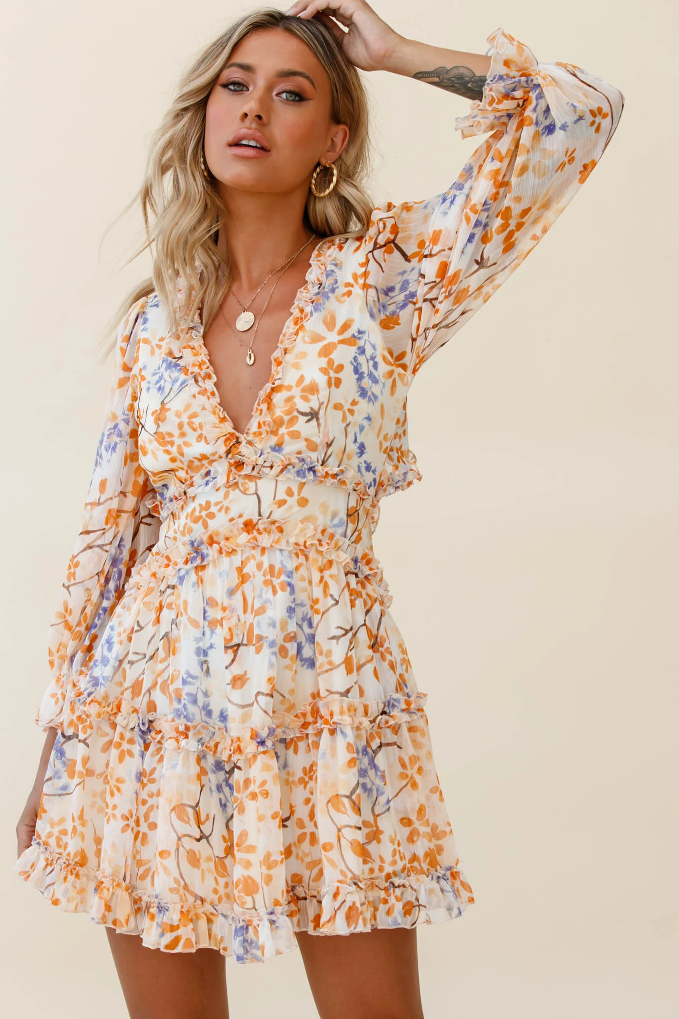 Laney Cutout Back Frill Trim Dress Floral Pattern Orange - Image 3