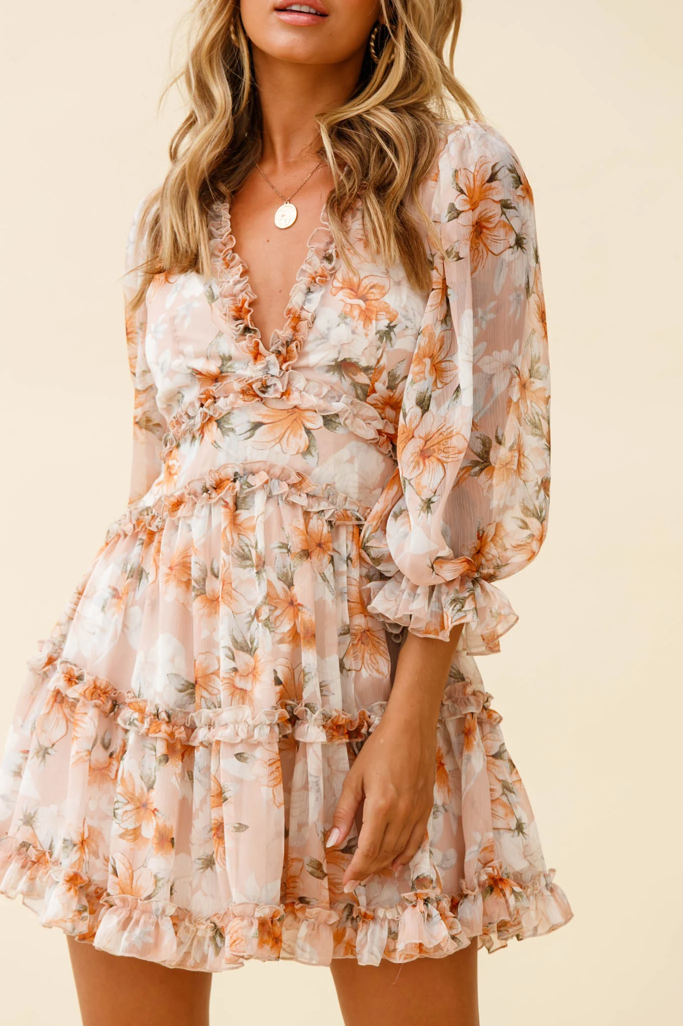 Laney Cutout Back Frill Trim Dress Hibiscus Print Nude - Image 4