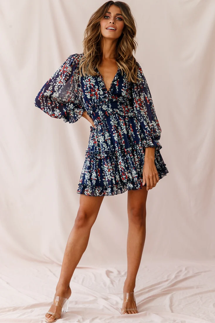 Laney Cutout Back Ruffle Detail Floral Dress Navy - Image 10