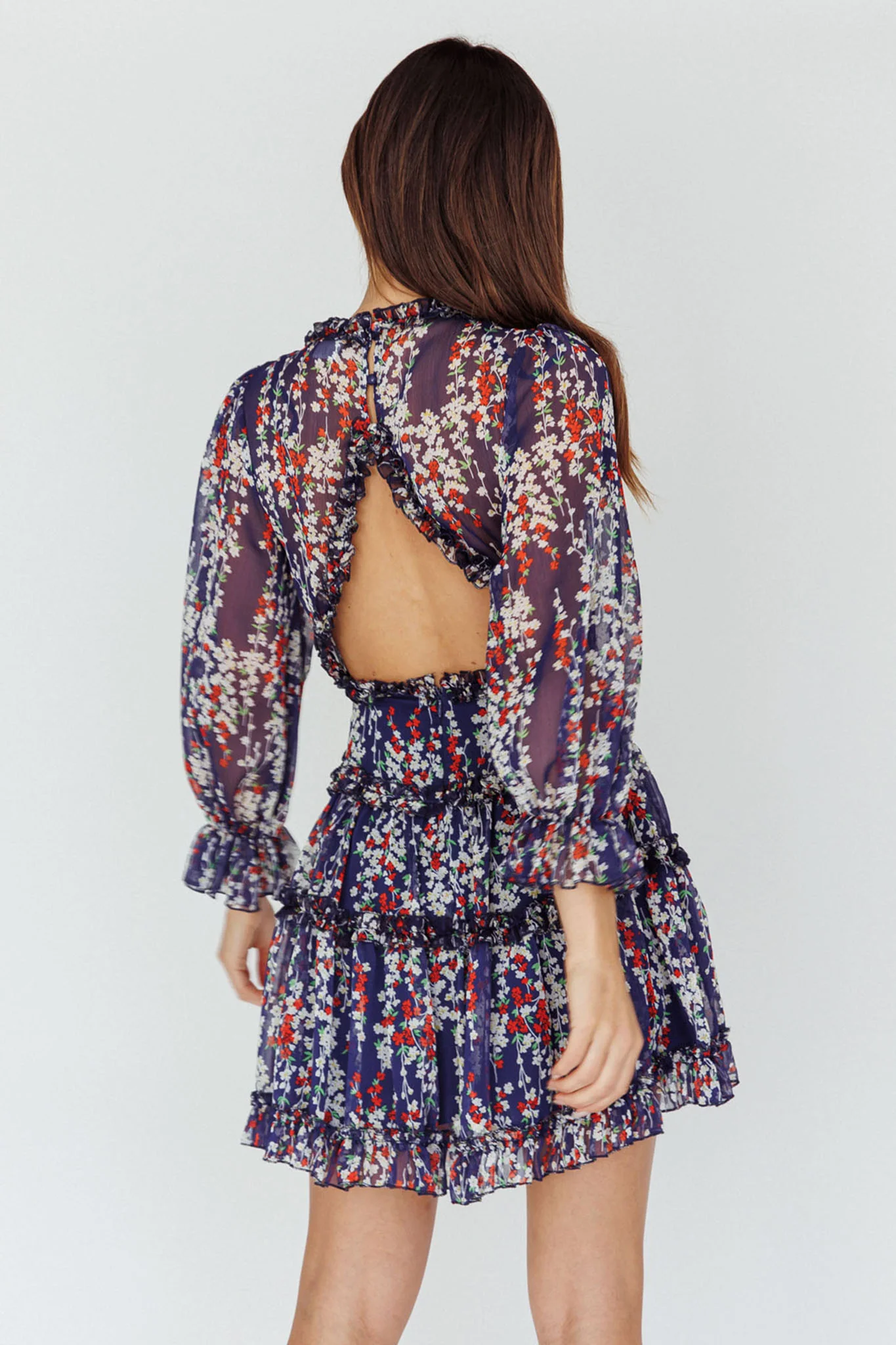 Laney Cutout Back Ruffle Detail Floral Dress Navy - Image 3