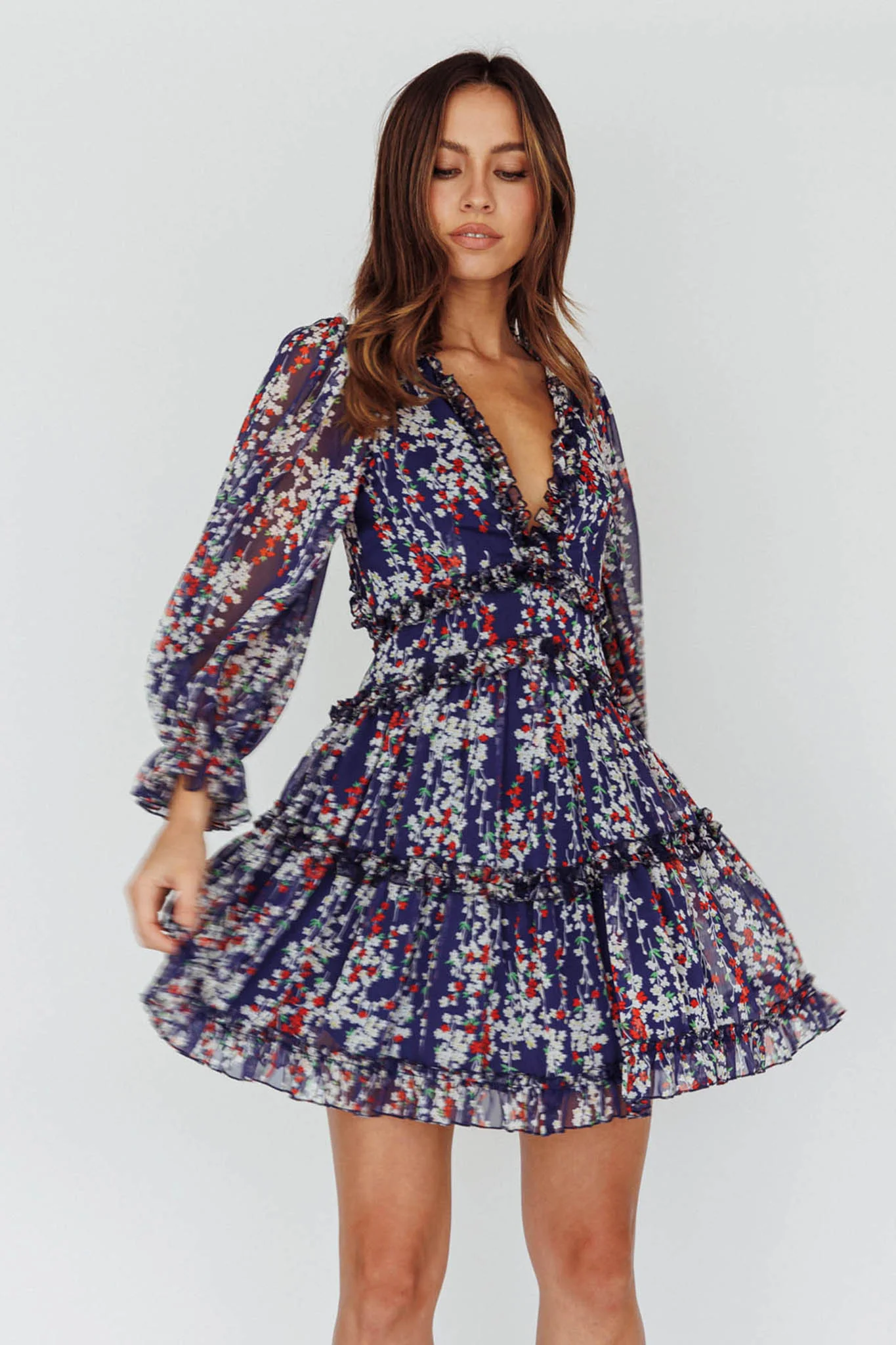Laney Cutout Back Ruffle Detail Floral Dress Navy - Image 5