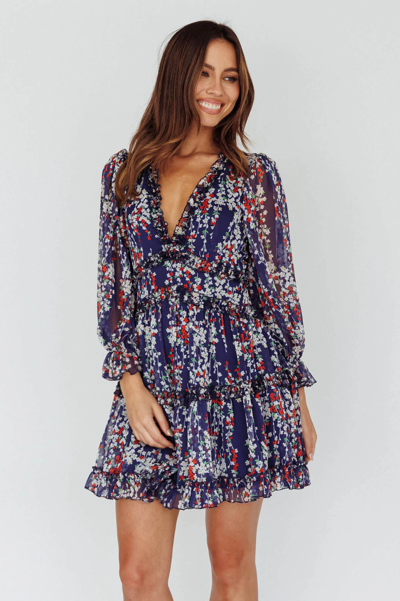 Laney Cutout Back Ruffle Detail Floral Dress Navy - Image 8