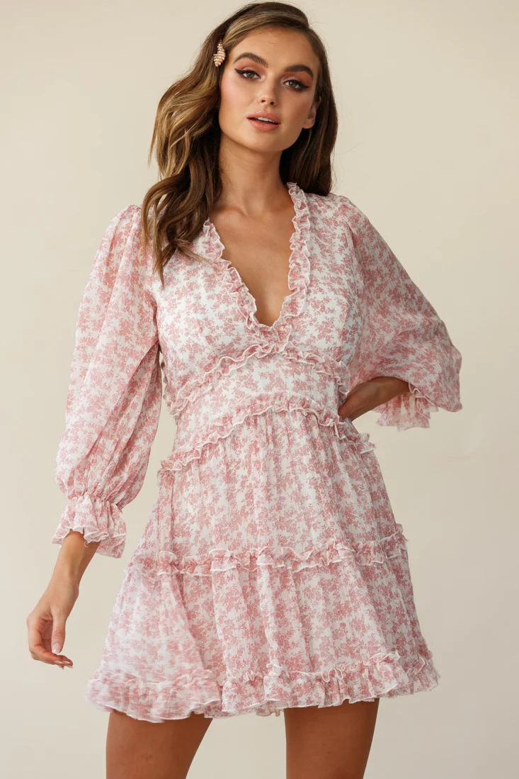 Laney Cutout Back Ruffle Trim Dress Floral Print Blush - Image 6