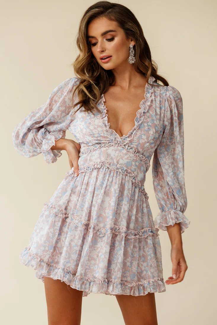 Laney Cutout Back Ruffle Trim Dress Floral Print Pink/Blue - Image 2