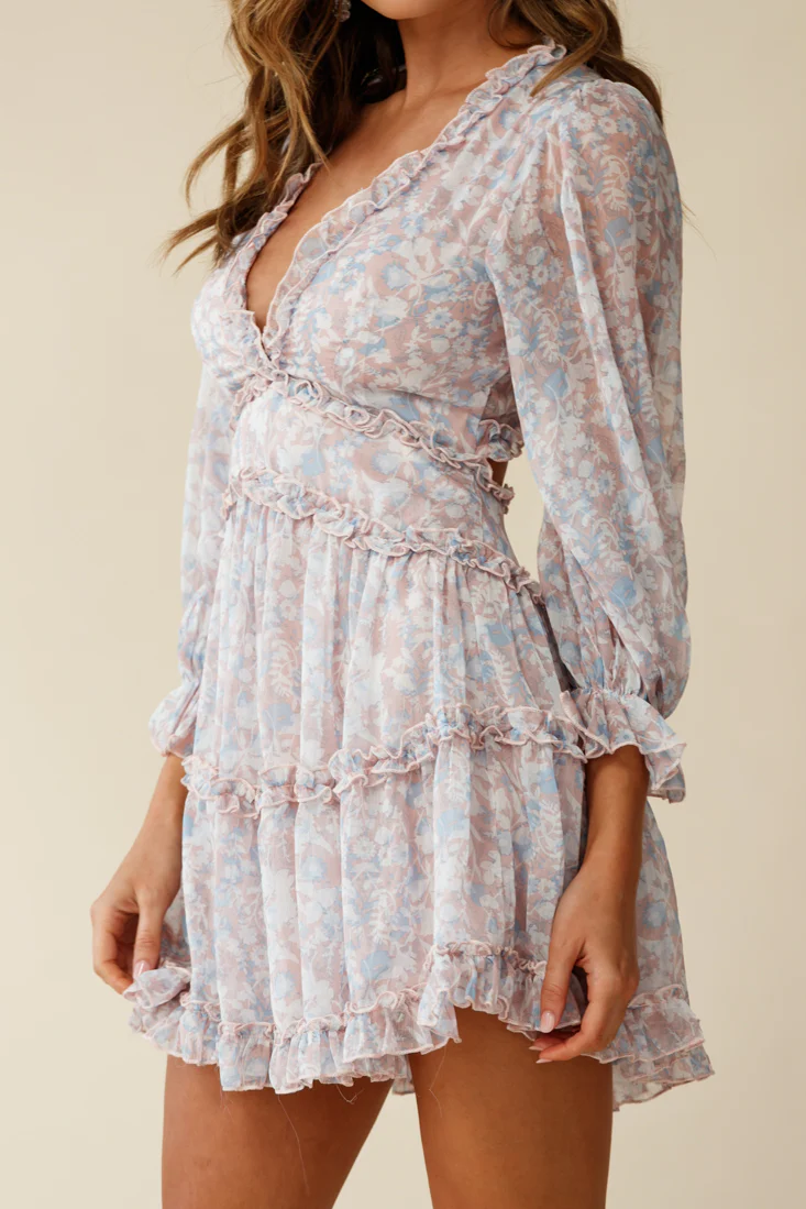 Laney Cutout Back Ruffle Trim Dress Floral Print Pink/Blue - Image 7