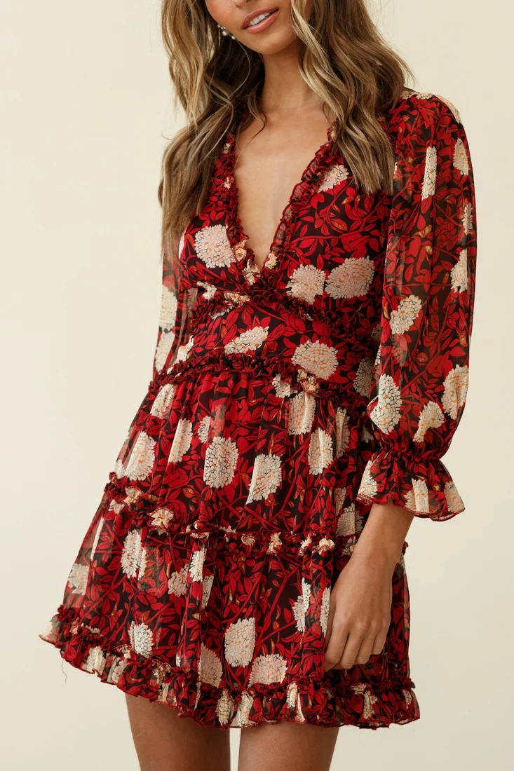 Laney Cutout Back Ruffle Trim Dress Floral Print Red - Image 7