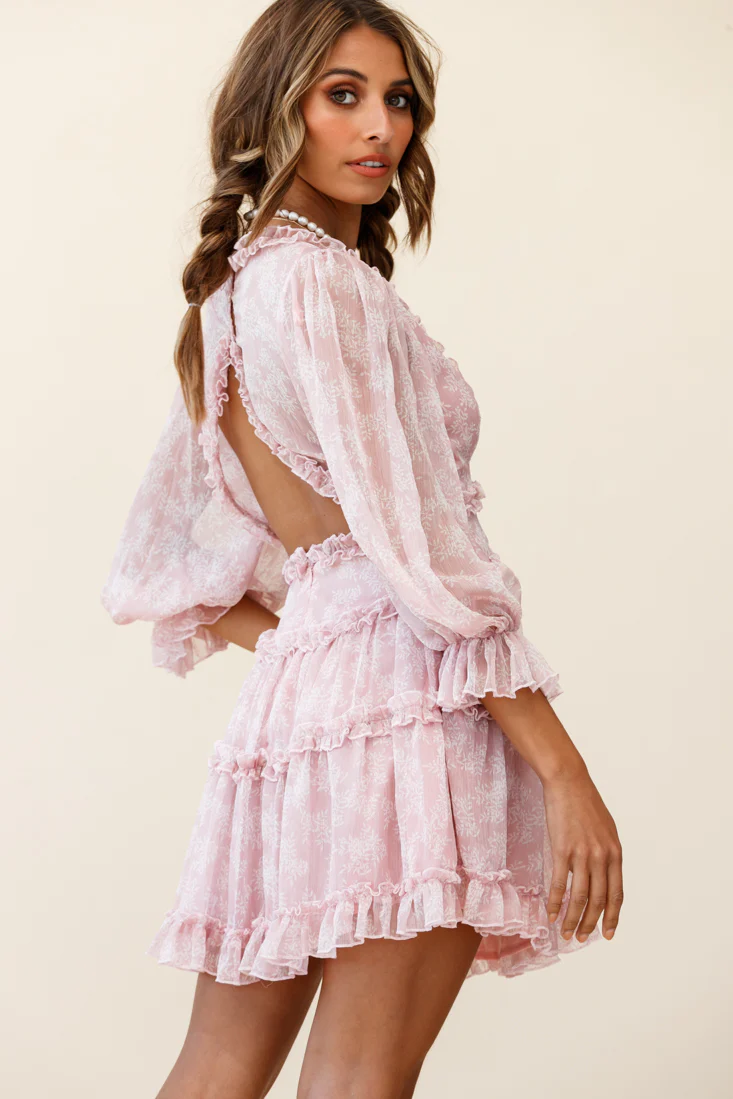 Laney Cutout Back Ruffle Trim Dress Leaves Print Pink - Image 3