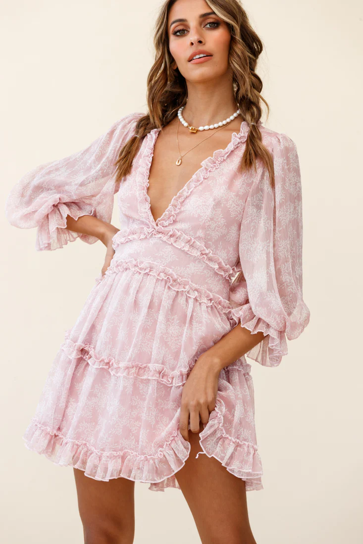 Laney Cutout Back Ruffle Trim Dress Leaves Print Pink - Image 5