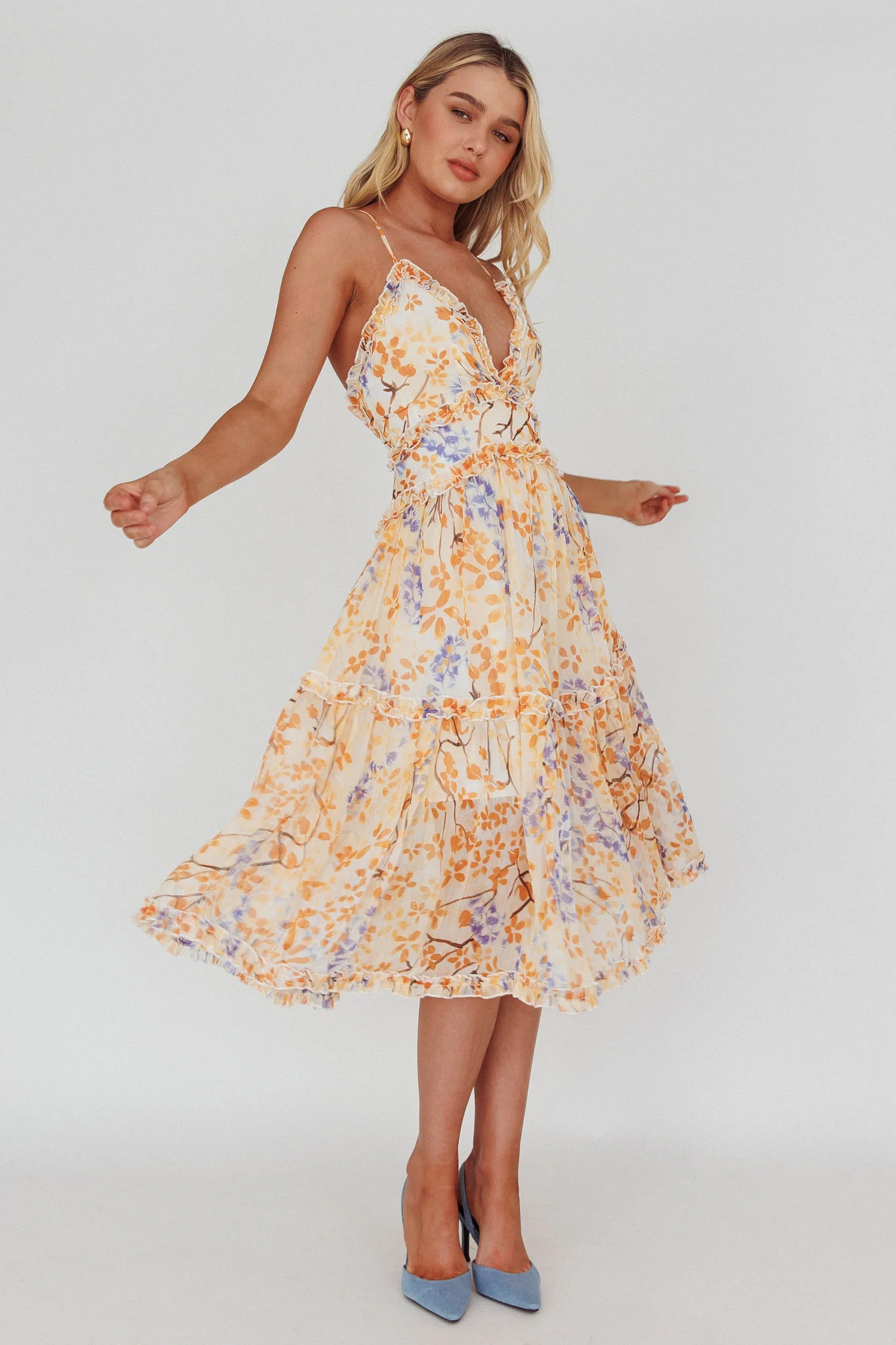 Laney Low Back Cami Strap Midi Dress Floral Orange