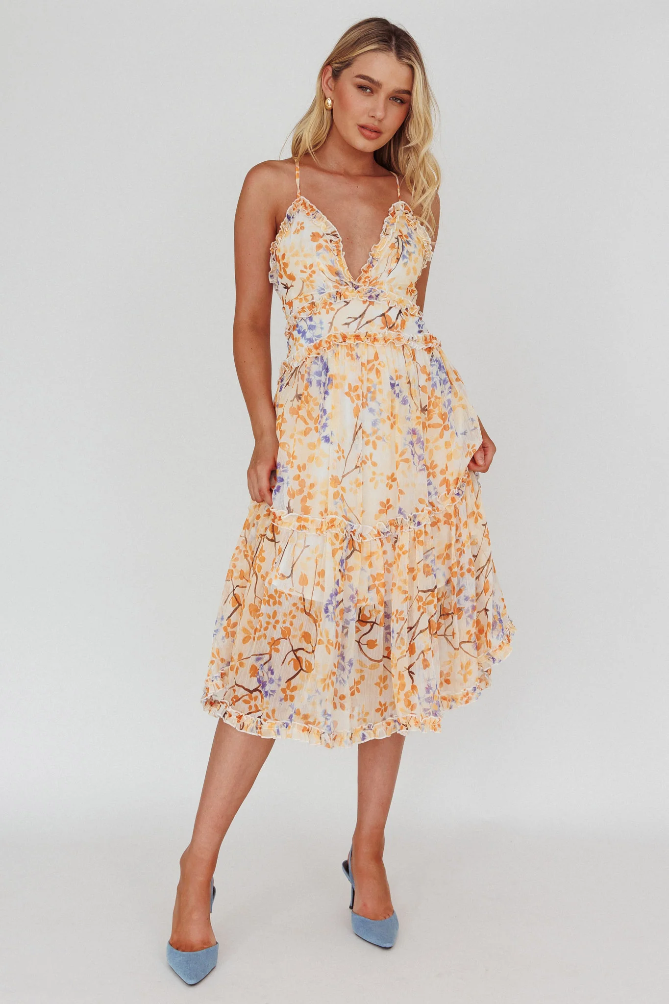 Laney Low Back Cami Strap Midi Dress Floral Orange - Image 3
