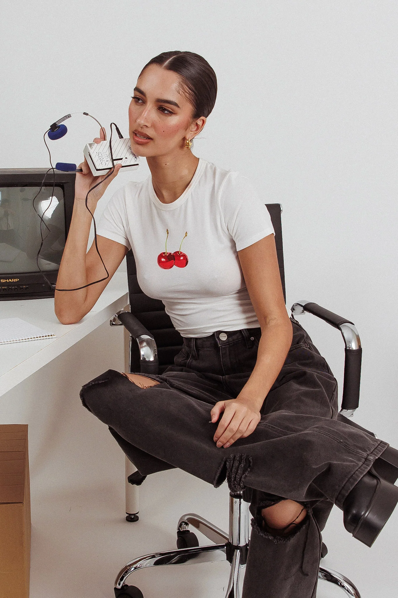 Lanna Cherry Print Baby Tee White - Image 2