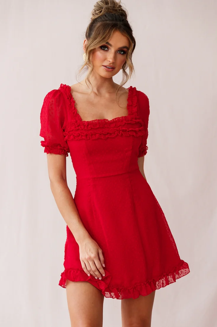 Lara Puff Sleeve Frill Dress Red - Image 5