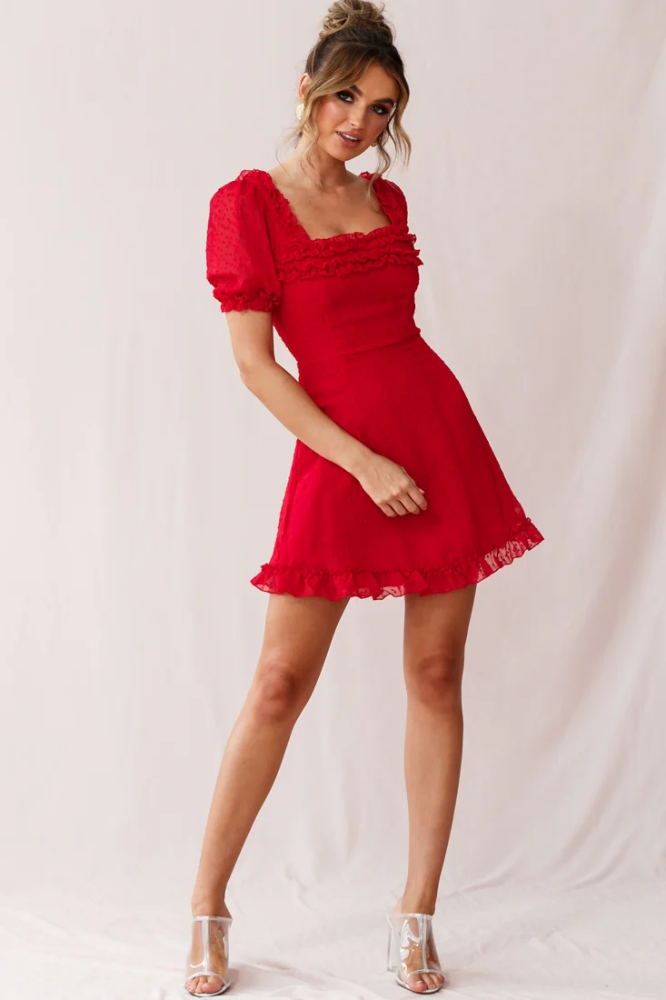 Lara Puff Sleeve Frill Dress Red - Image 6