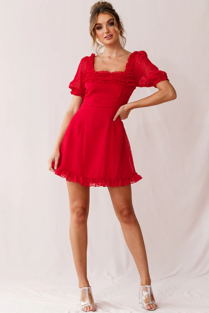 Lara Puff Sleeve Frill Dress Red - Image 7