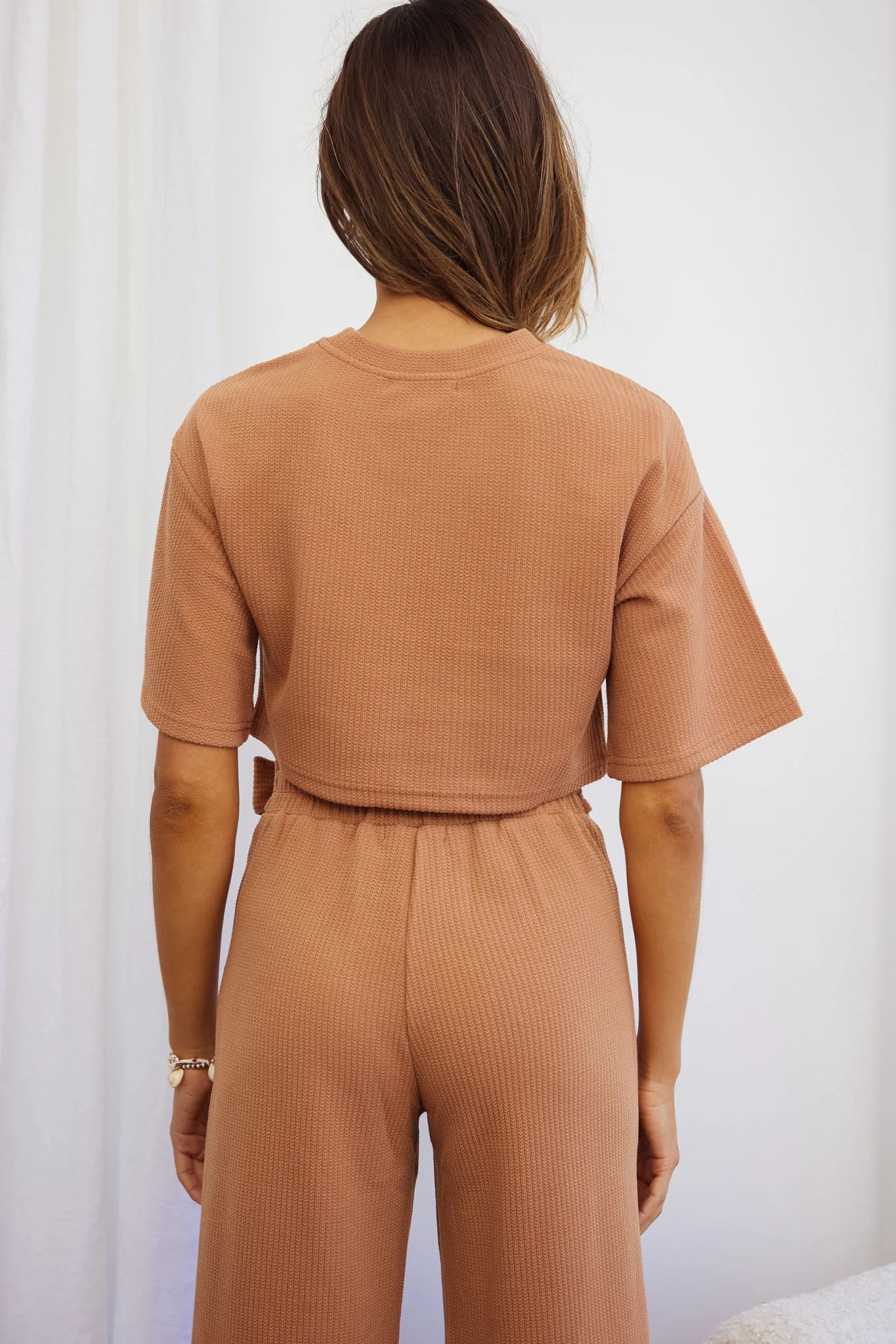 Larissa Crew Neck Ribbed Tee Crop Top Tan - Image 6