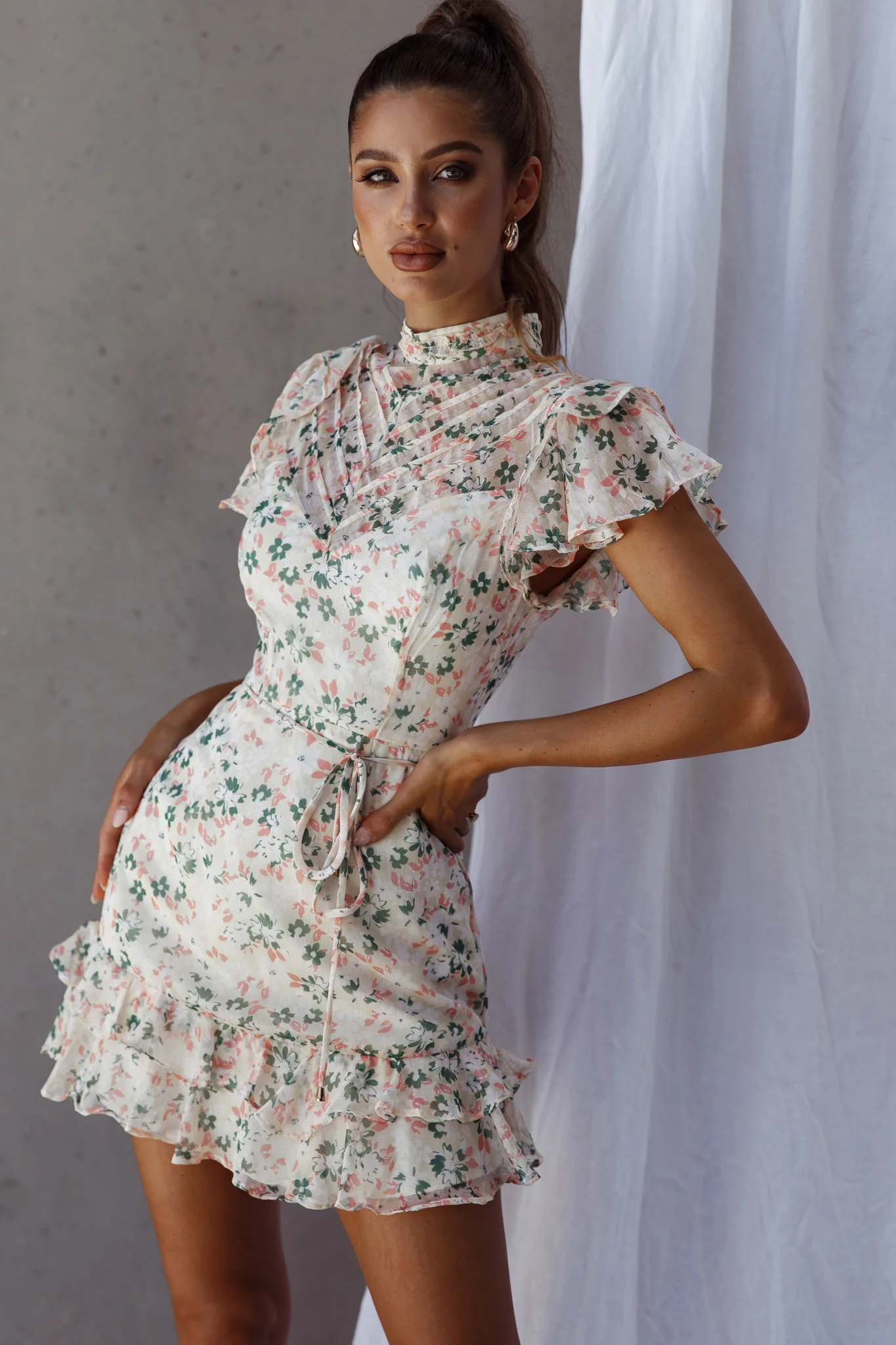 Lark High Neck Ruffle Sleeve Dress Flower Print Yellow - Image 5