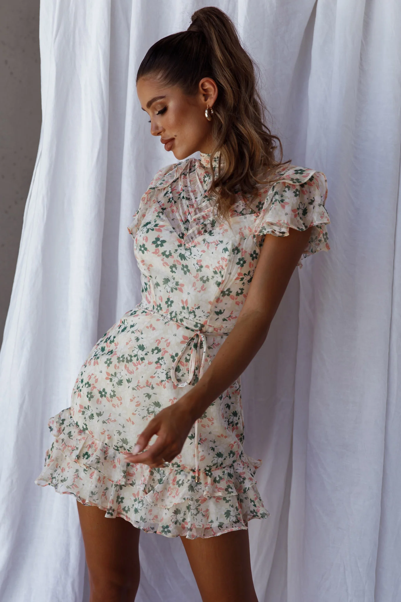 Lark High Neck Ruffle Sleeve Dress Flower Print Yellow - Image 7