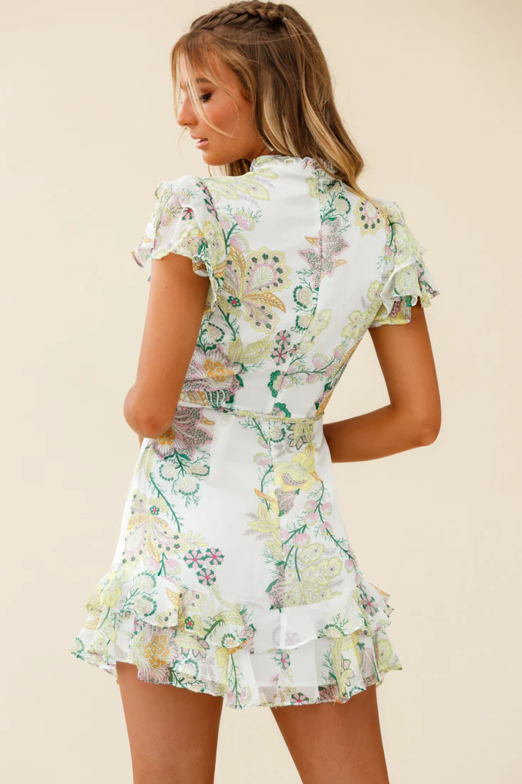 Lark High Neck Ruffle Sleeve Floral Print Dress Green - Image 2