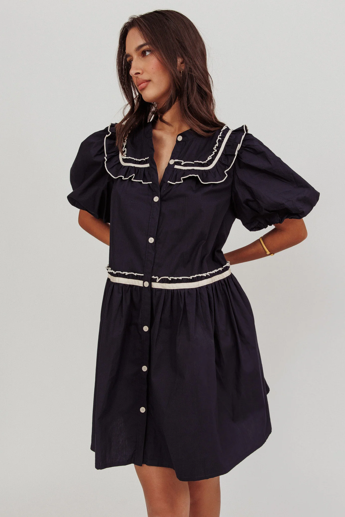 Late Spring Puff Sleeves Ruffle Mini Dress Navy - Image 5