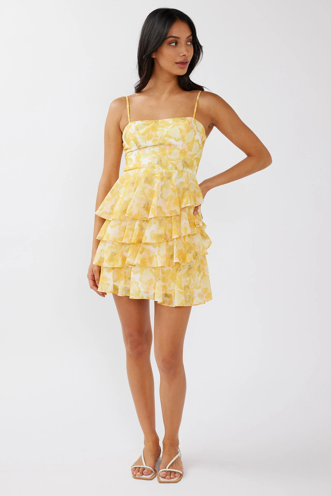 Lauran Tied Back Frill Dress Floral Yellow - Image 3