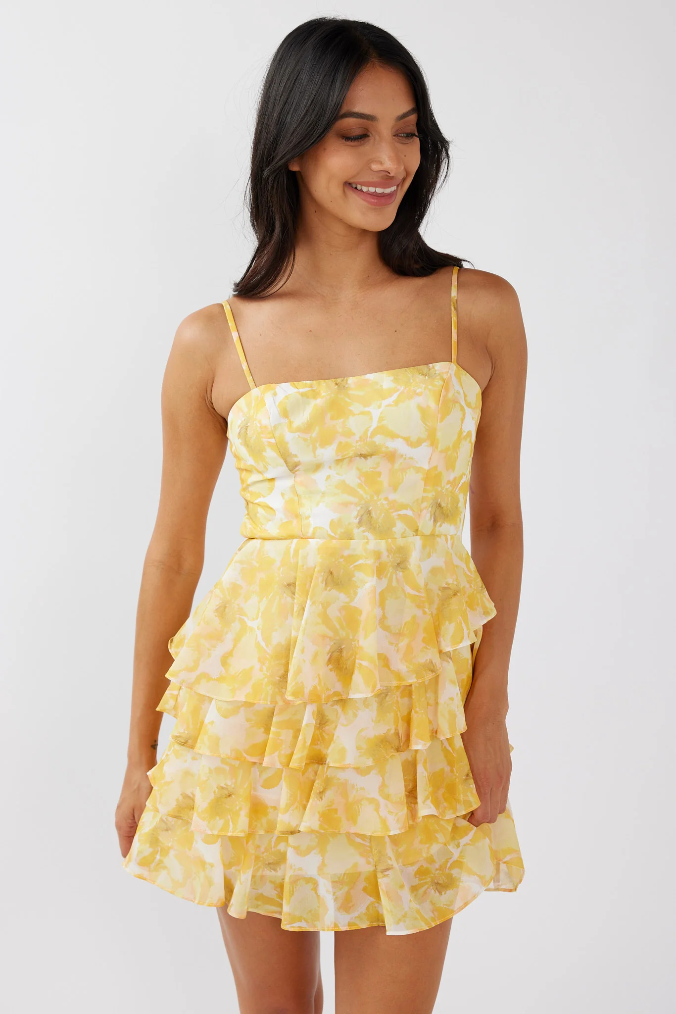 Lauran Tied Back Frill Dress Floral Yellow - Image 7