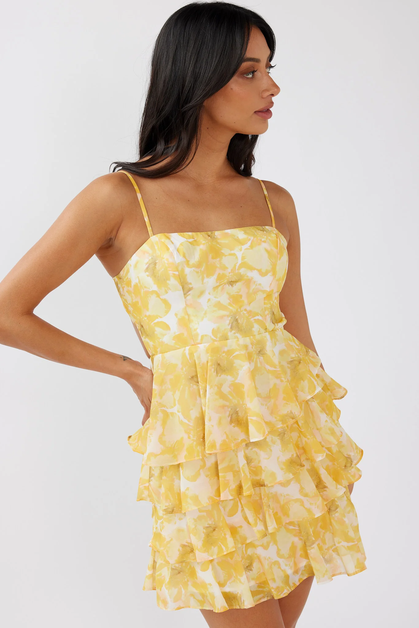 Lauran Tied Back Frill Dress Floral Yellow - Image 8