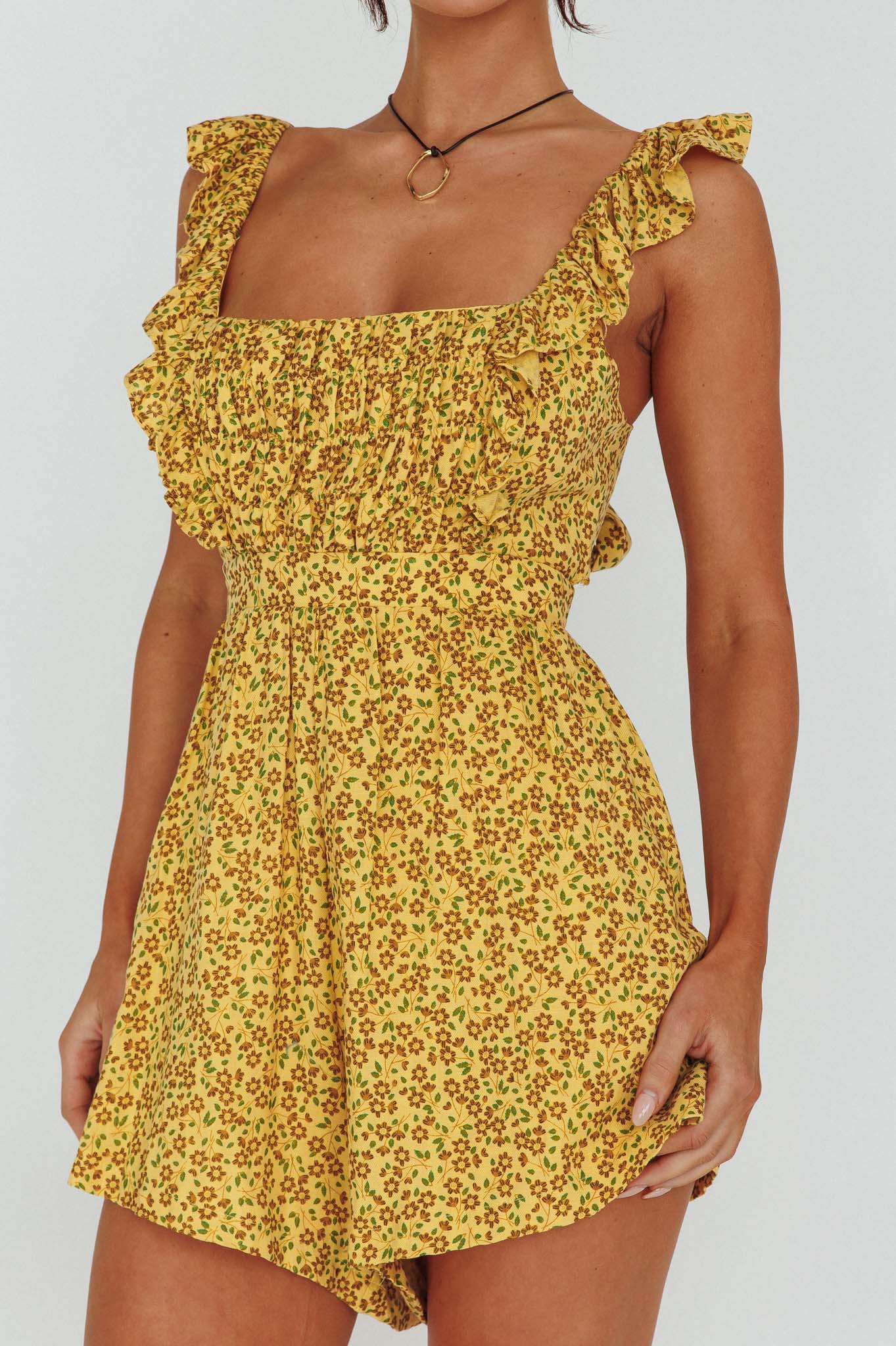 Lazy Sunday Frill Strap Tie-Up Back Romper Floral Print Mustard - Image 4