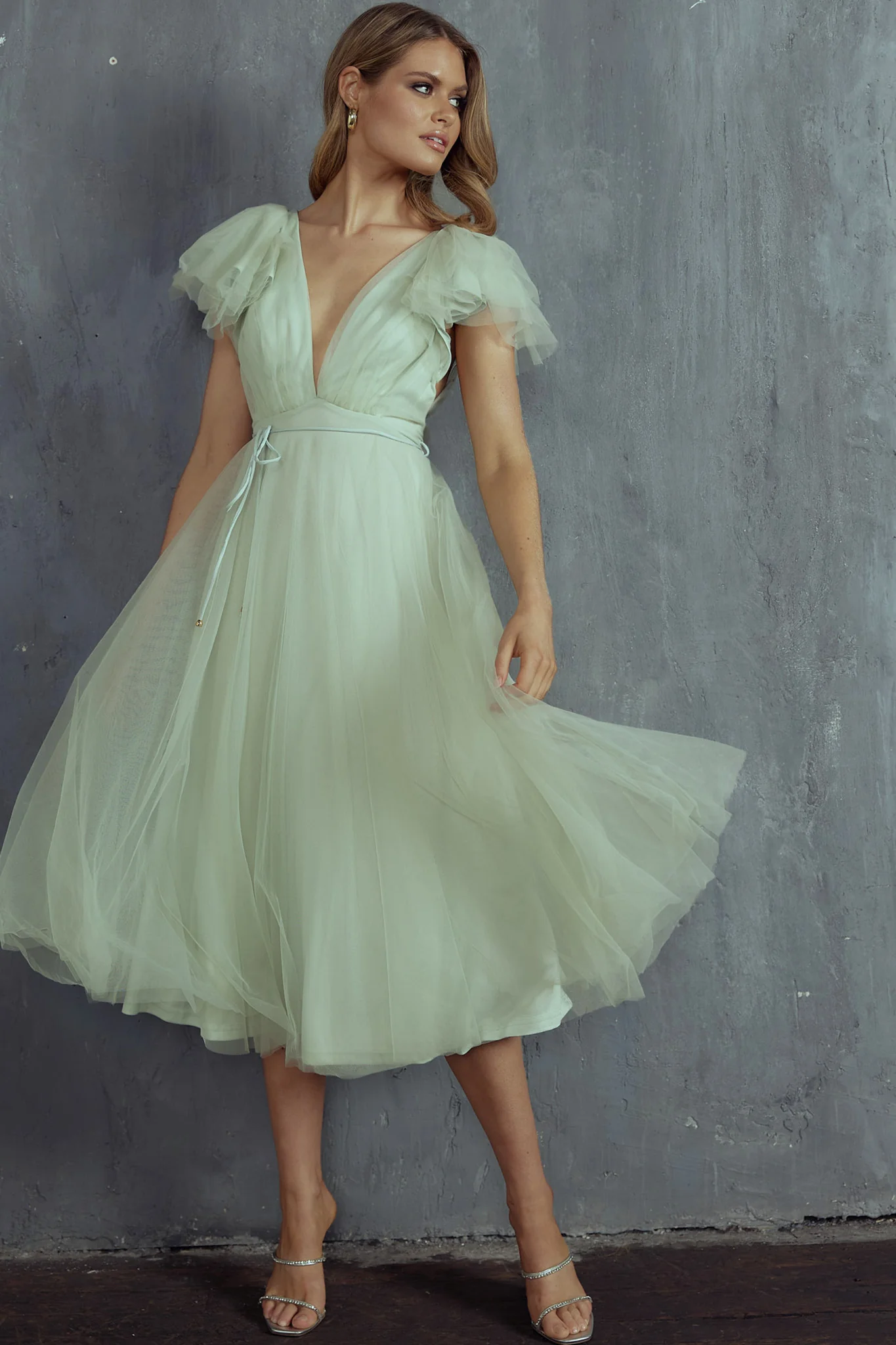 Leap Of Faith Frill Shoulder Tulle Midi Dress Pistachio - Image 4