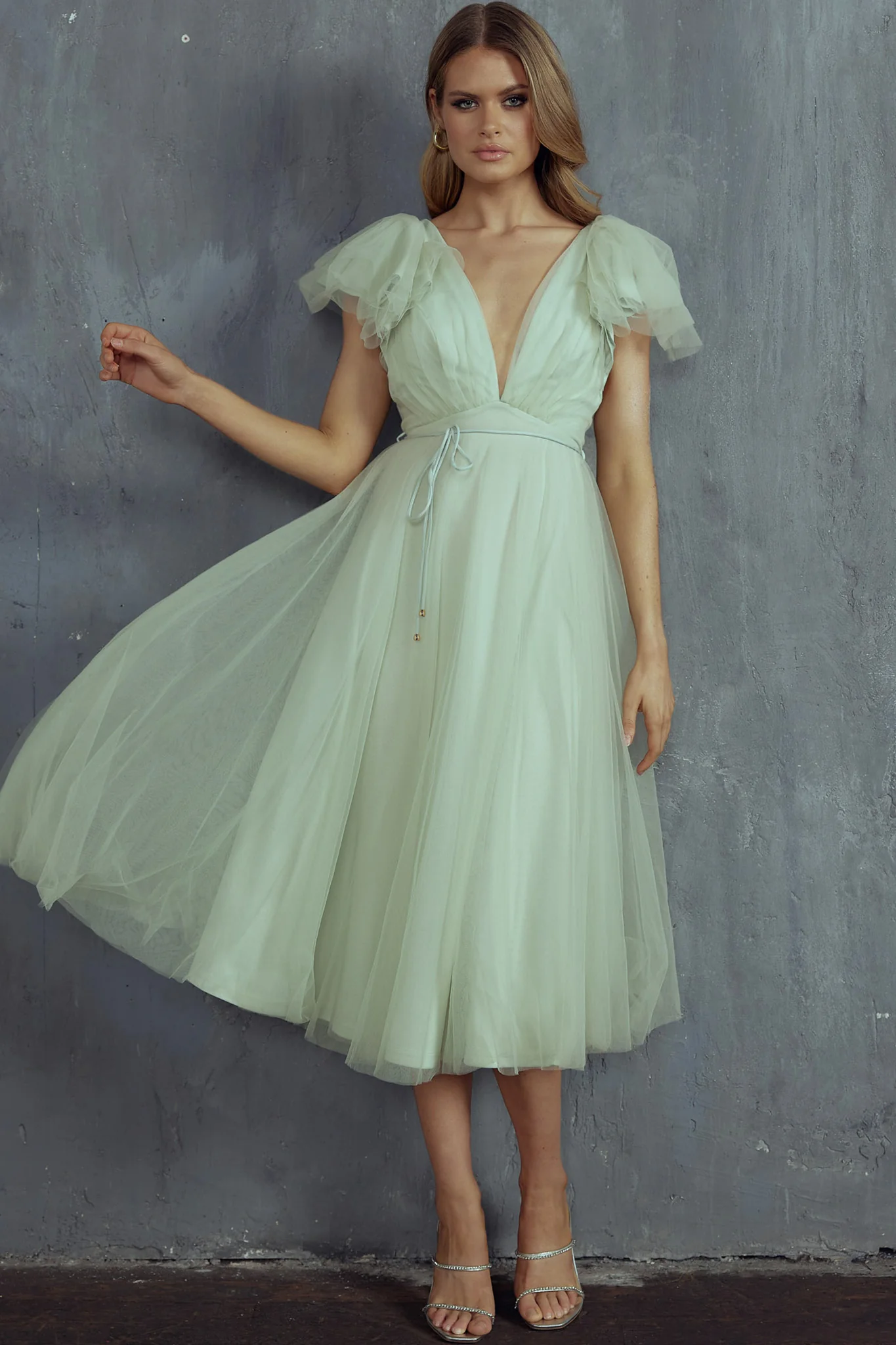 Leap Of Faith Frill Shoulder Tulle Midi Dress Pistachio - Image 5