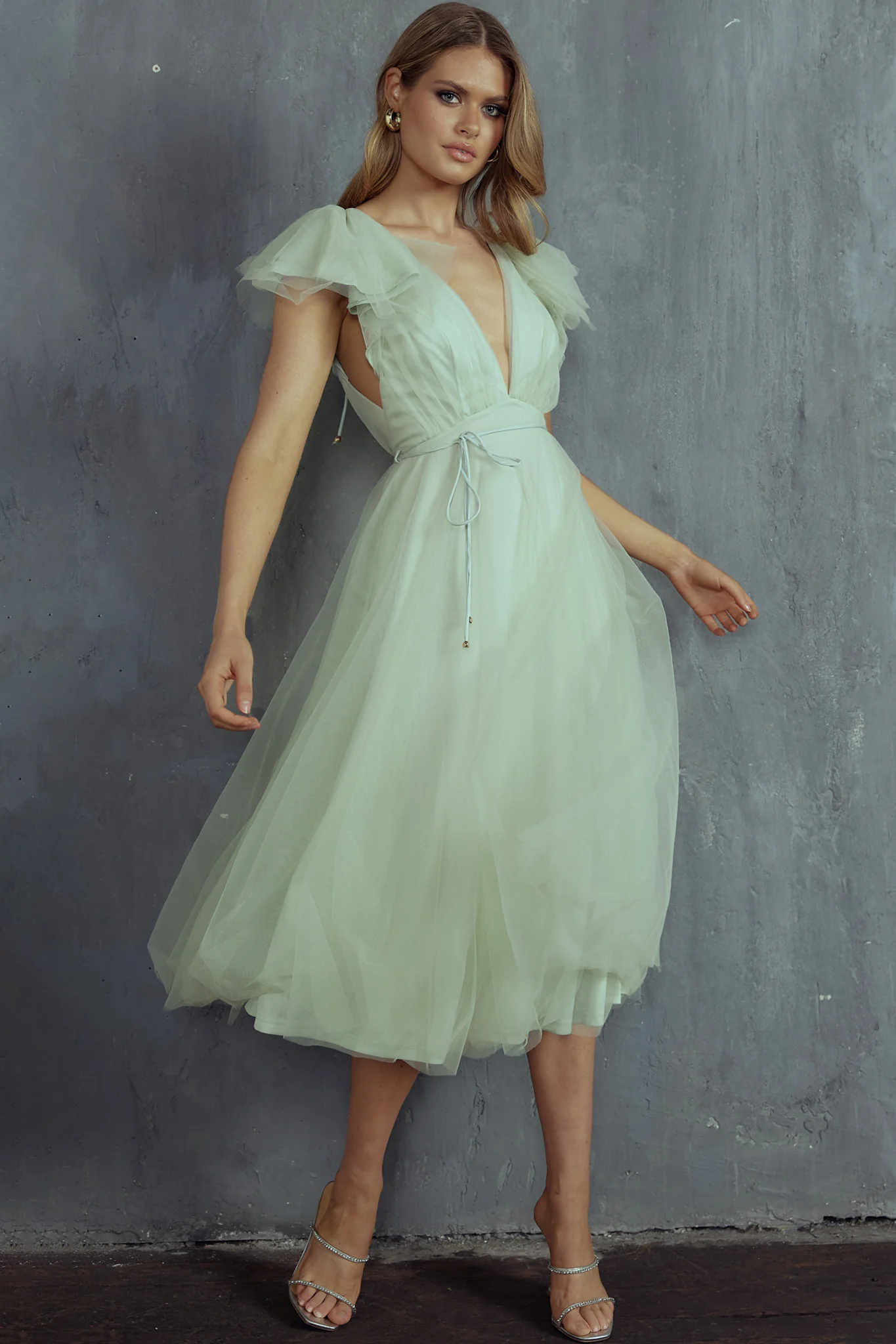 Leap Of Faith Frill Shoulder Tulle Midi Dress Pistachio - Image 8