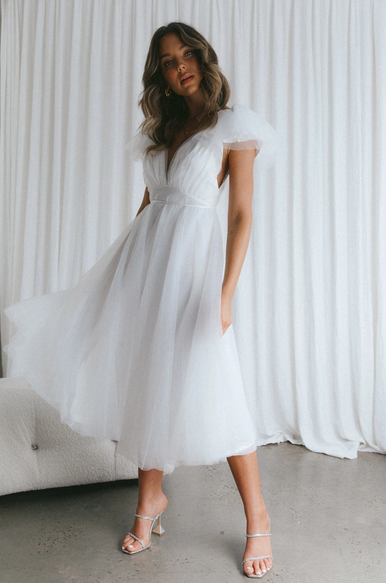Leap Of Faith Frill Shoulder Tulle Midi Dress White - Image 12