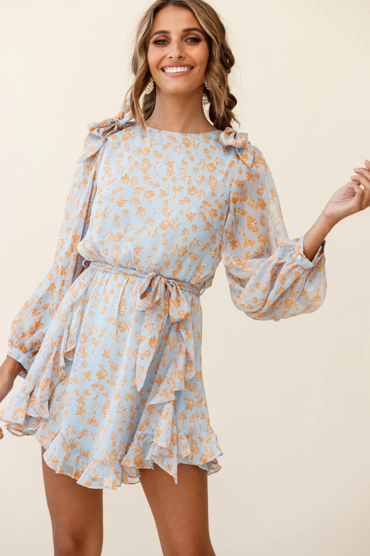 Leigh Long Sleeve Waist Tie Dress Floral Print Blue/Orange - Image 5