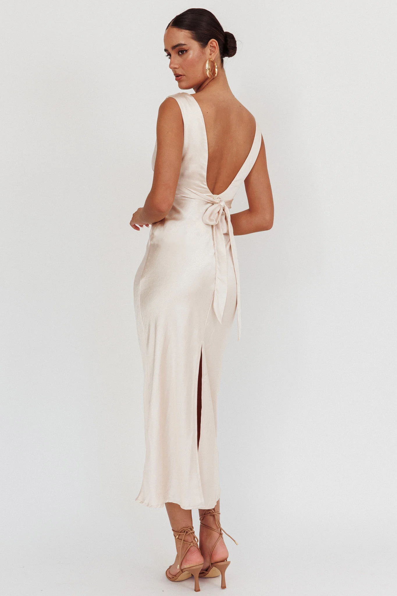 Leila V-Neck Low Back Satin Midi Dress Ivory - Image 2