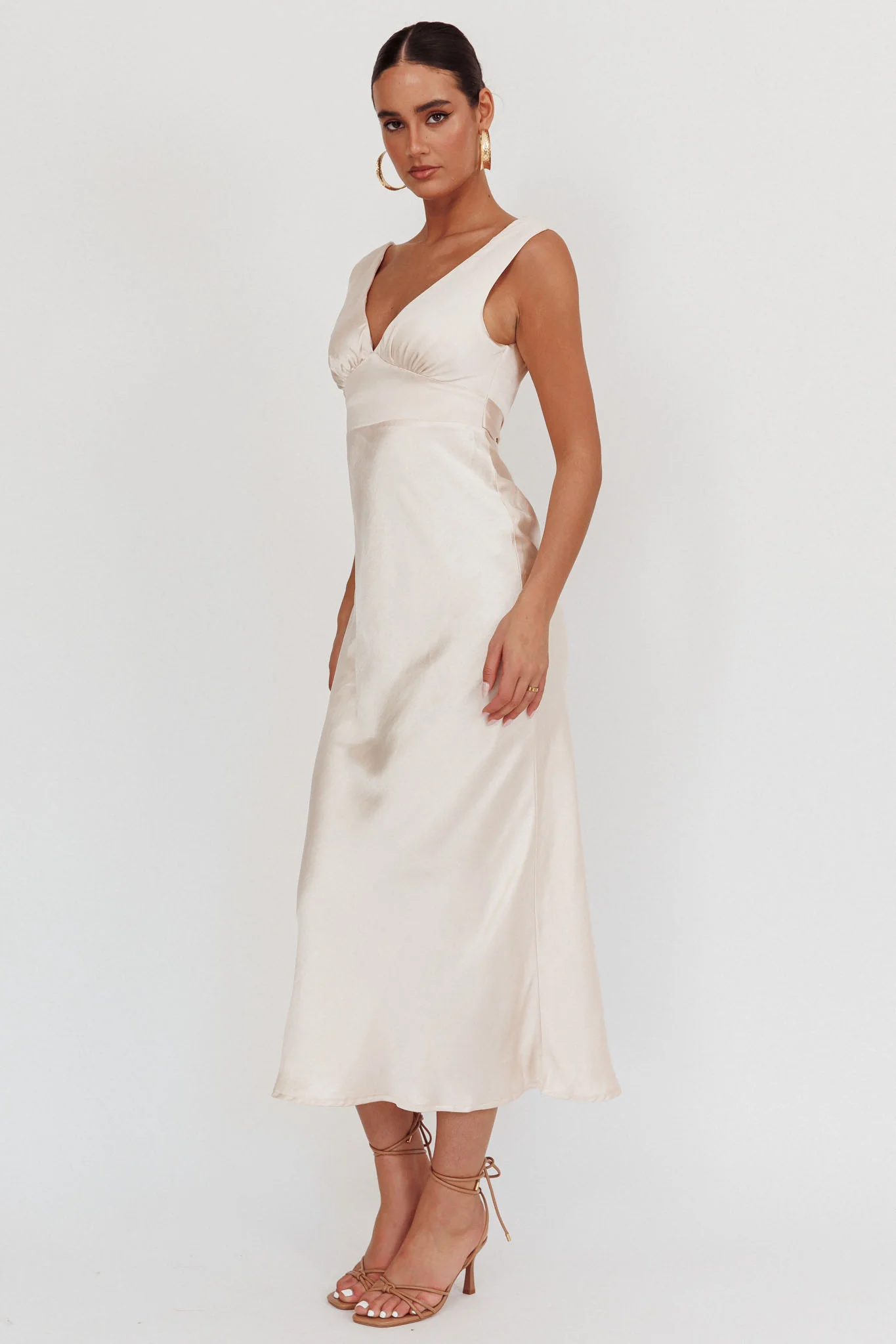 Leila V-Neck Low Back Satin Midi Dress Ivory - Image 5