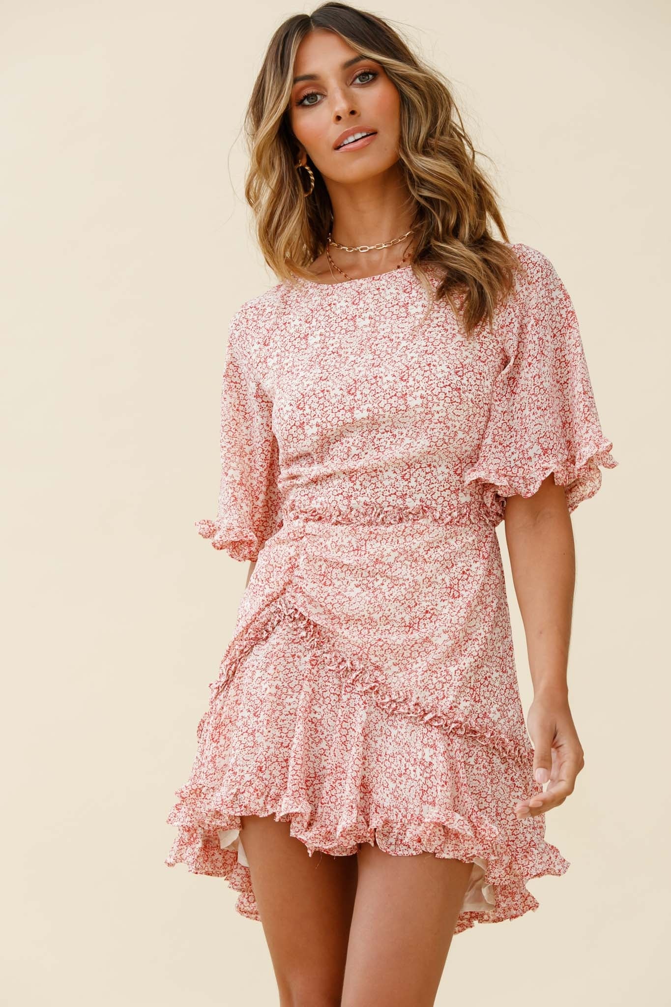 Leona Half Sleeve Frill Trim Dress Floral Print Red - Image 2