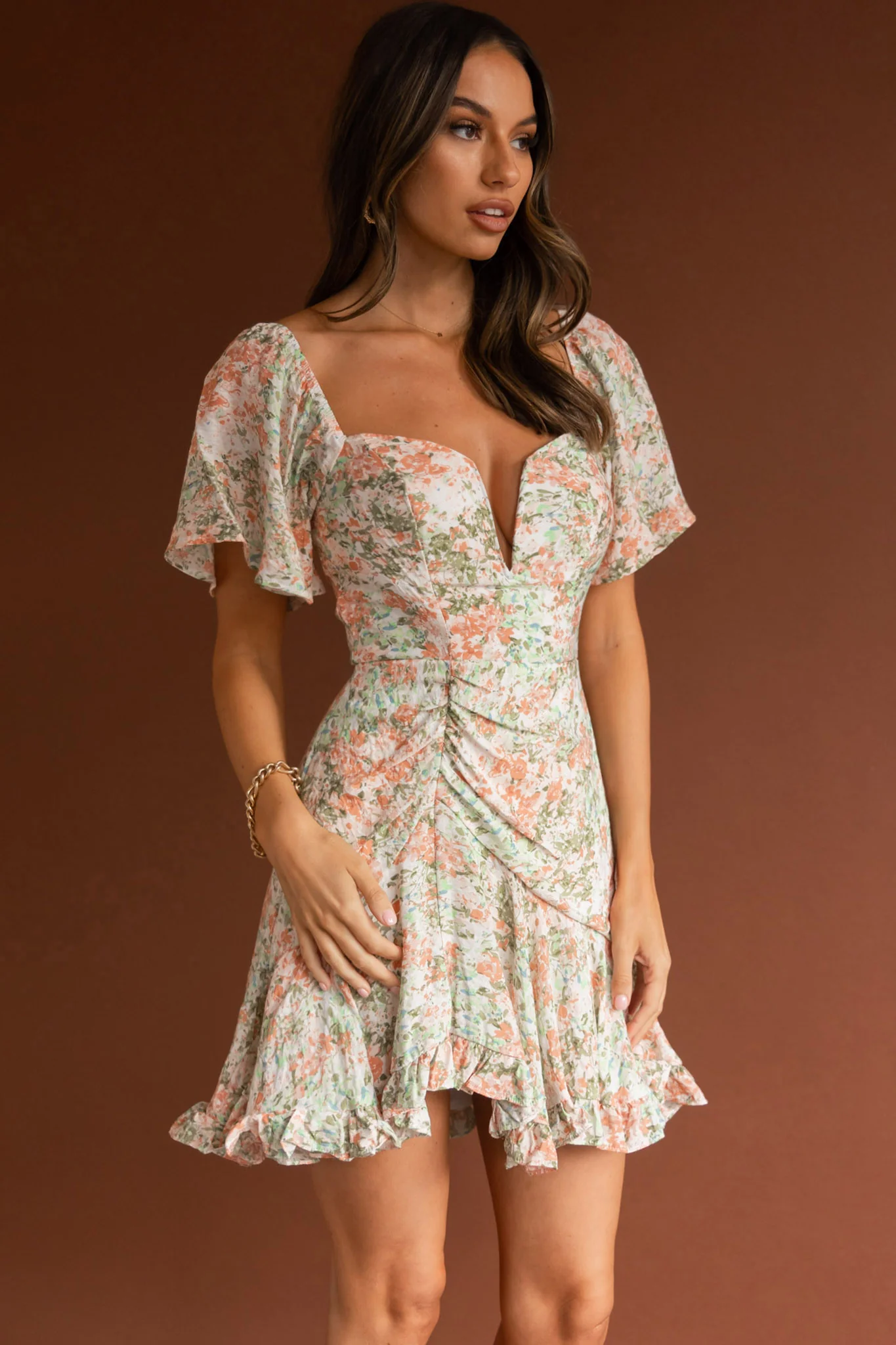 Leona V-Bust Frill Mini Dress Floral Peach - Image 4
