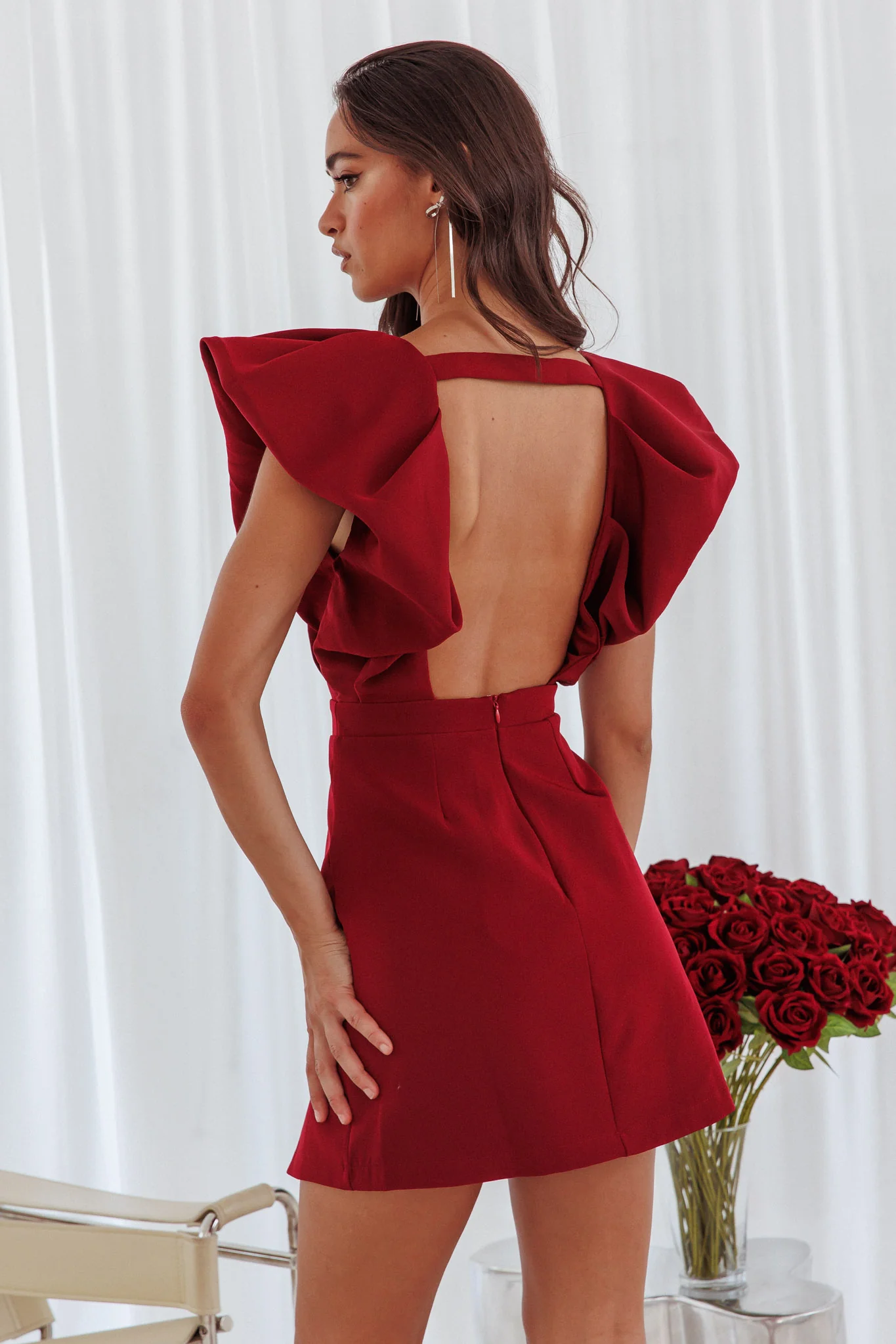 Liardon Bubble Sleeve V-Neckline Mini Dress Wine - Image 2