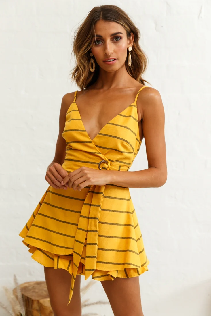 Libra Crossover Wrap Romper Stripe Print Mustard - Image 5