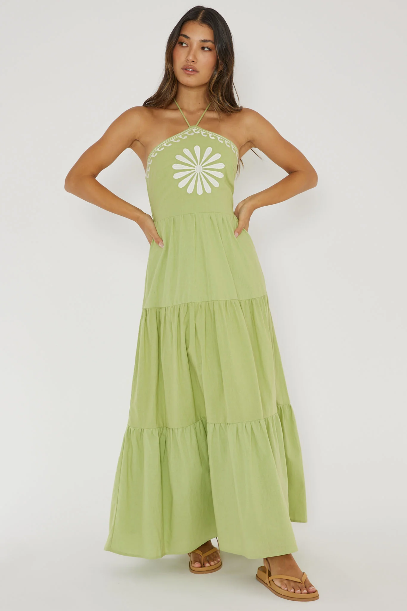 Life Elixir Halterneck Embroidered Maxi Dress Green - Image 3