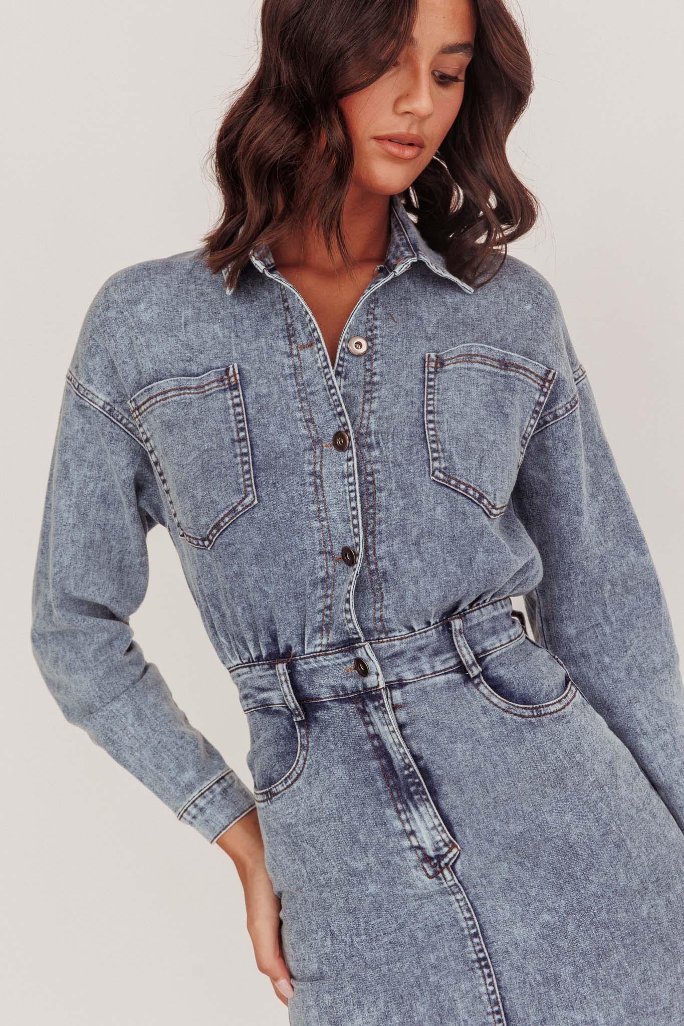 Light Inside Long Sleeve Midi Dress Denim Blue - Image 2