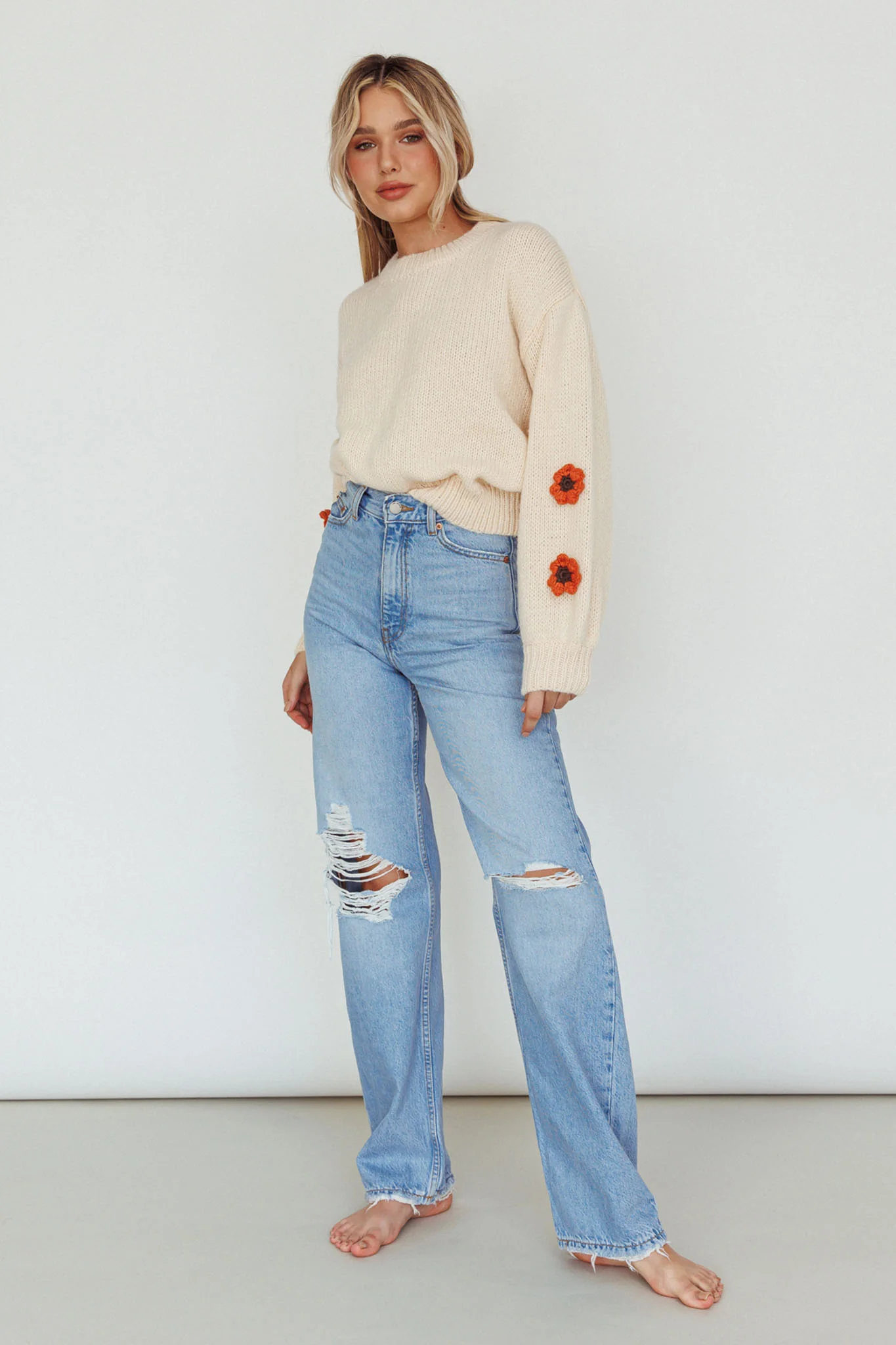 Lighthouse Flower Accent Sweater Cream - Image 3