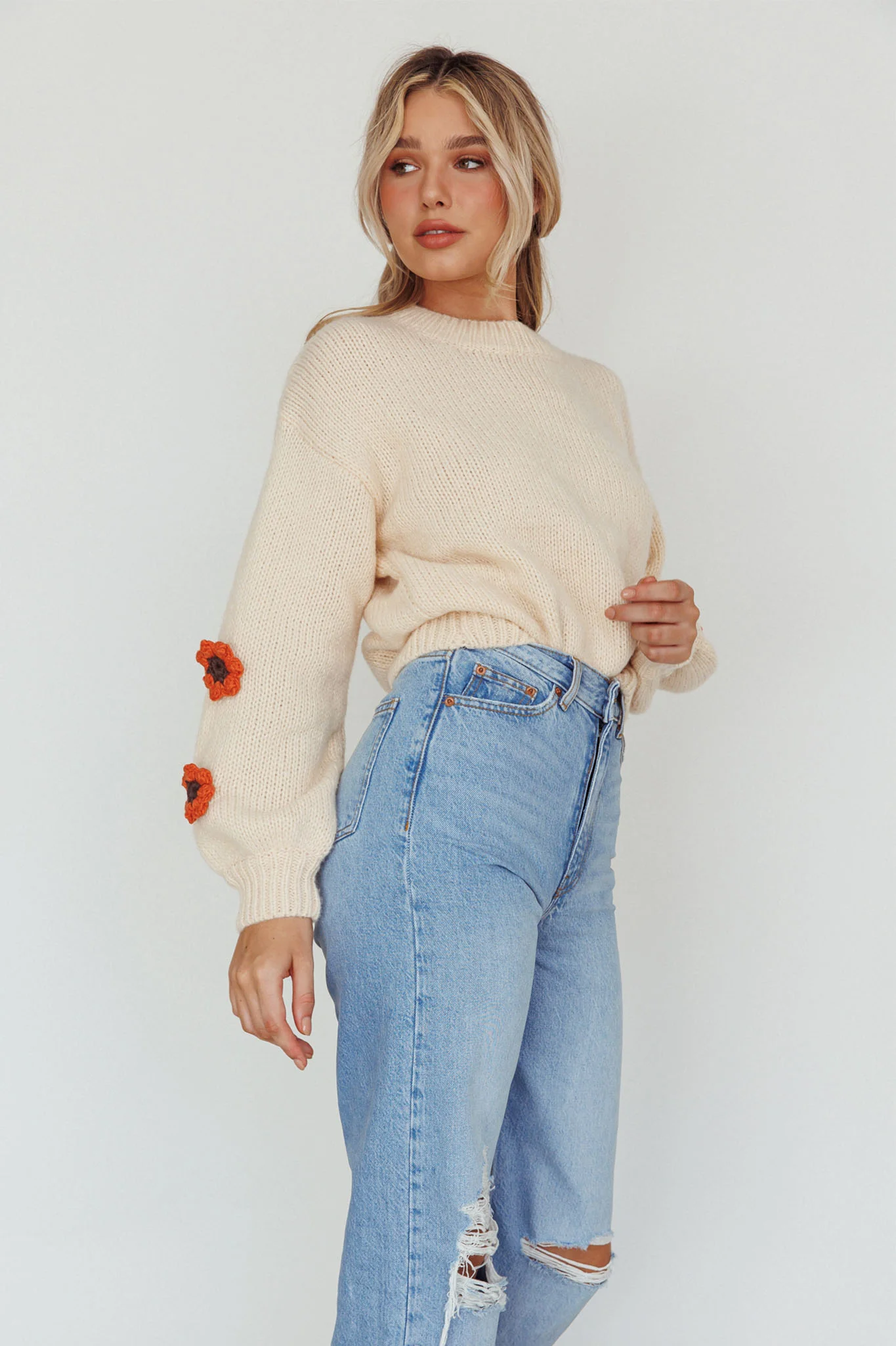 Lighthouse Flower Accent Sweater Cream - Image 5