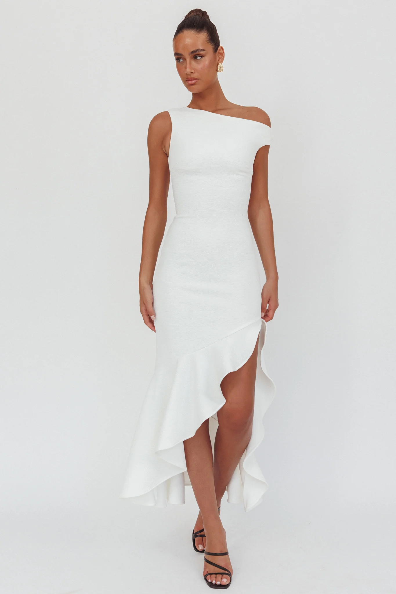 Lights On One-Shoulder Ruffle Hem Maxi Dress White - Image 4