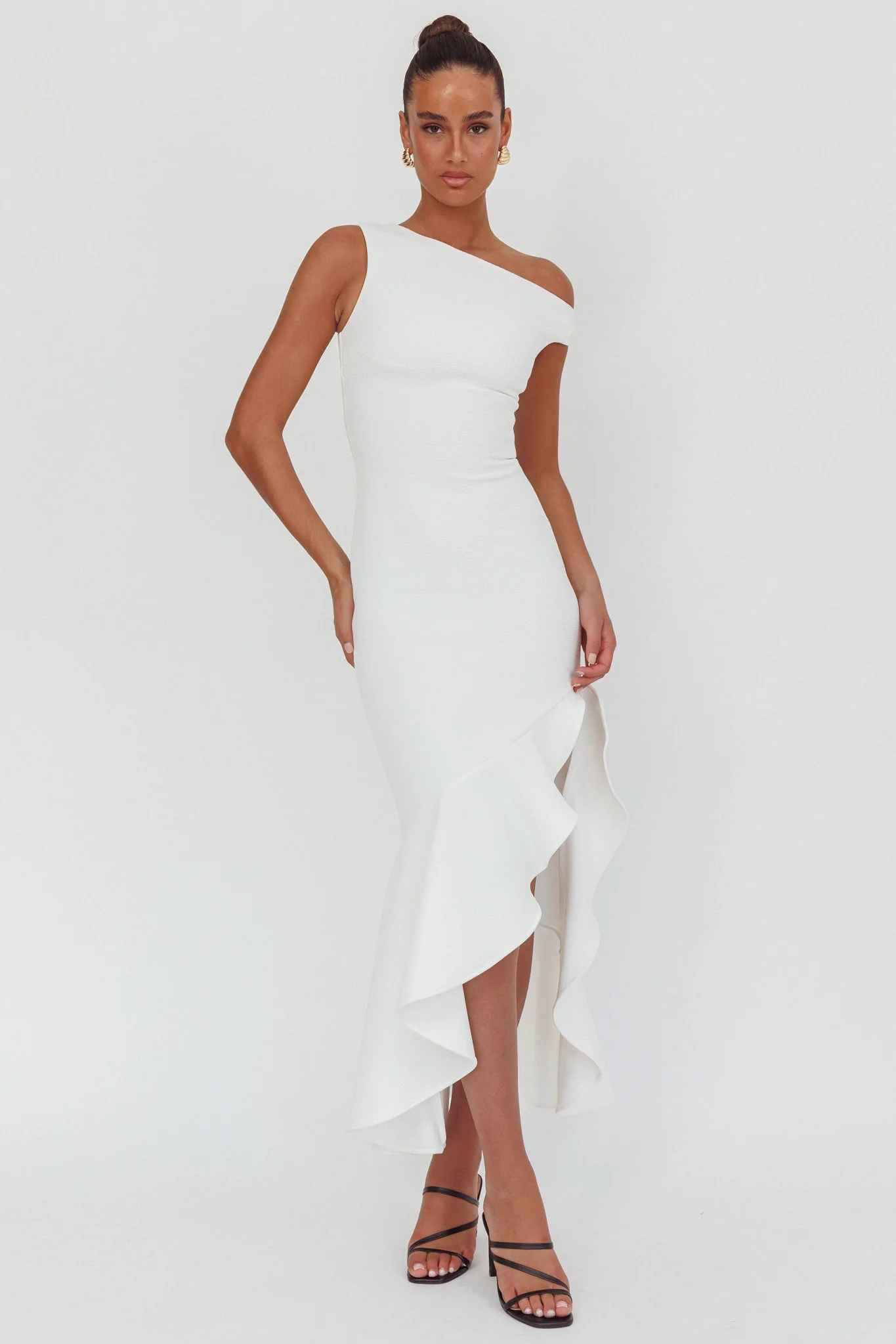 Lights On One-Shoulder Ruffle Hem Maxi Dress White - Image 5