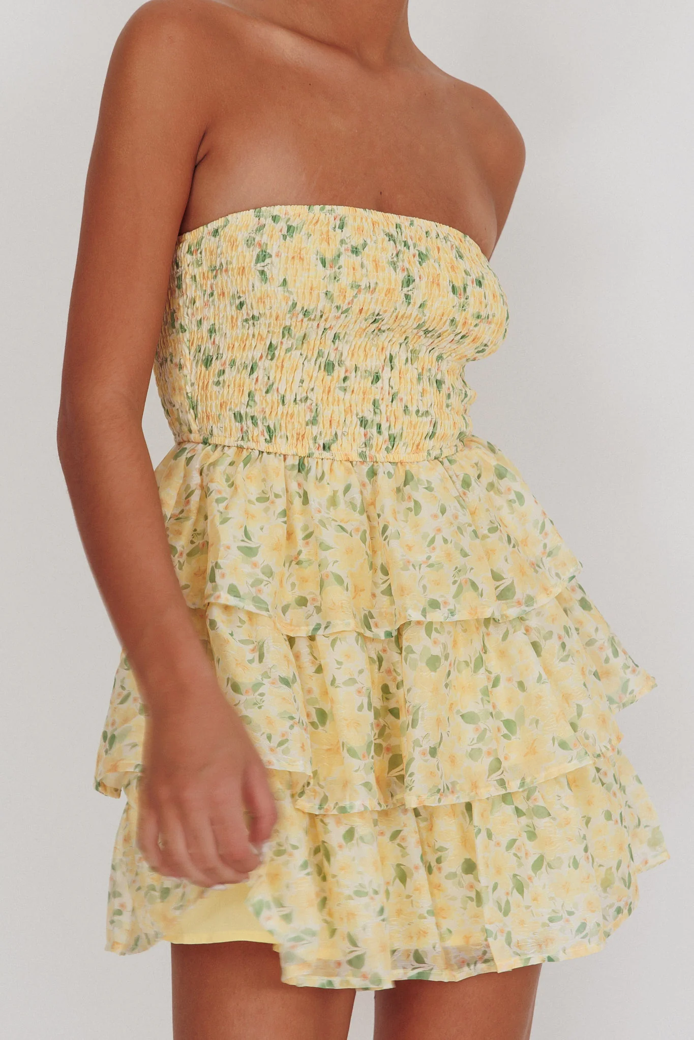 Like Angels Shirred Bodice Ruffle Mini Dress Yellow - Image 4
