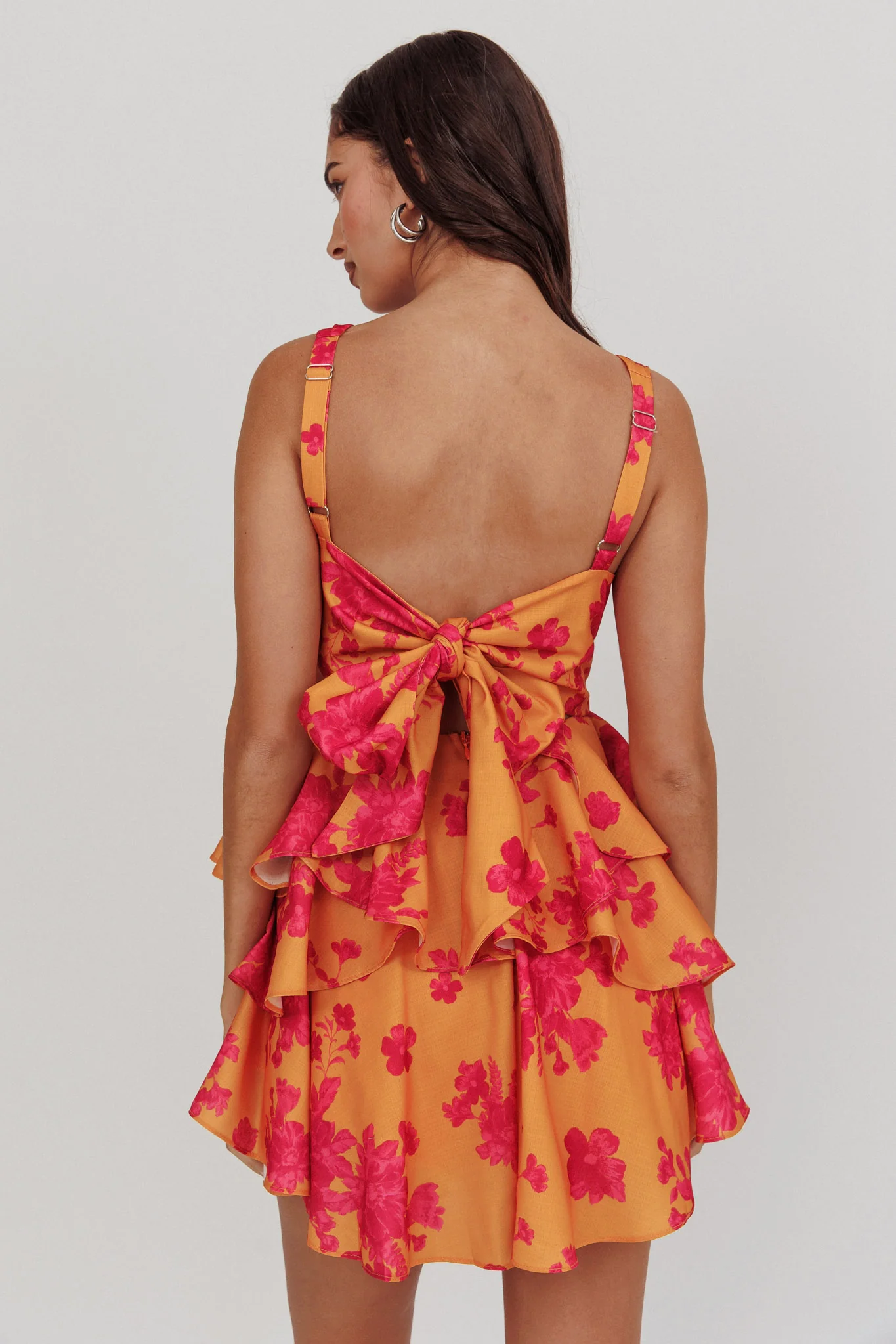 Like Me V-Neck Tied Back Floral Romper Orange - Image 3