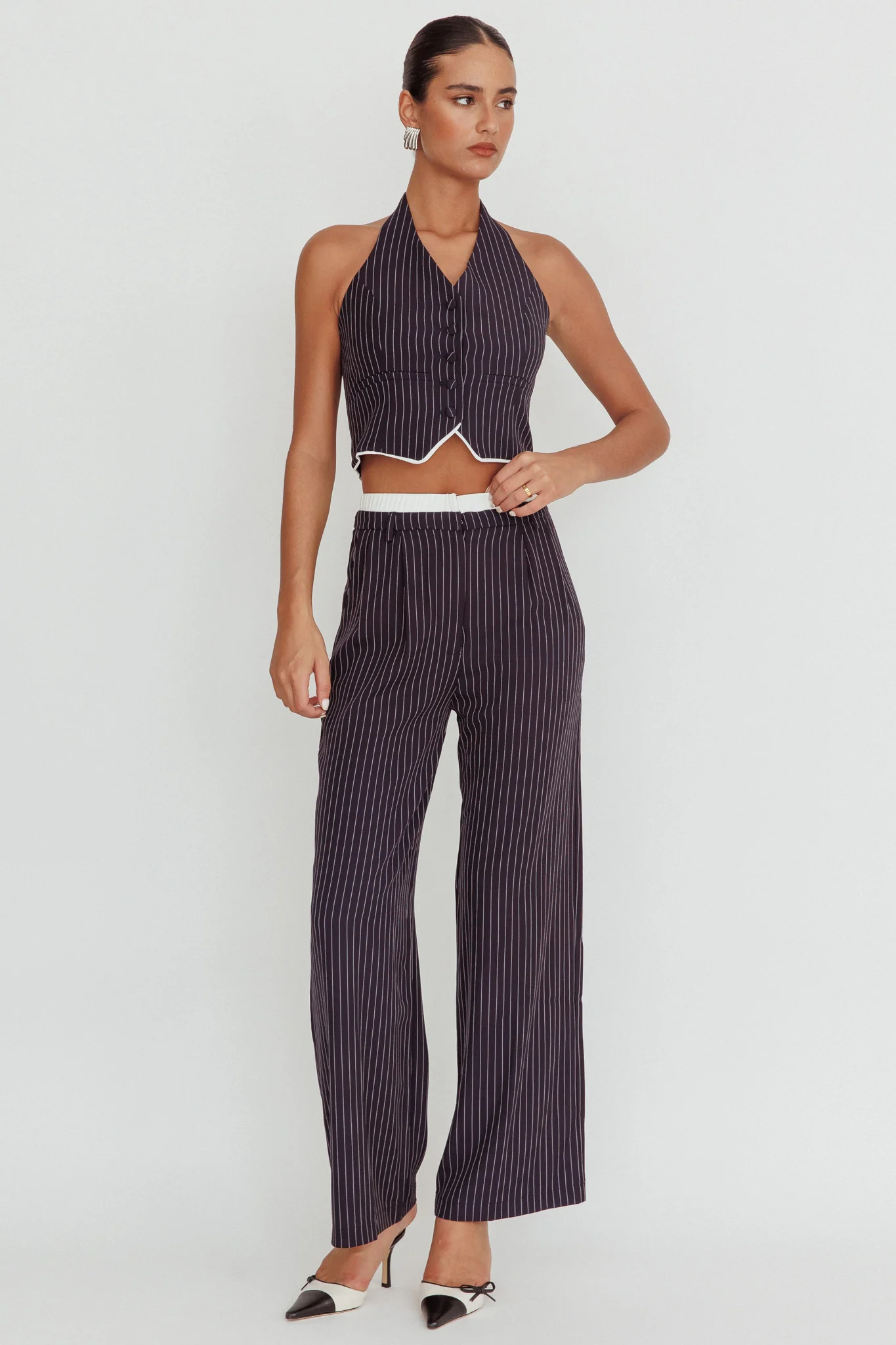 Lilija Pinstripe Double Waistband Wide-Leg Pants Navy - Image 2