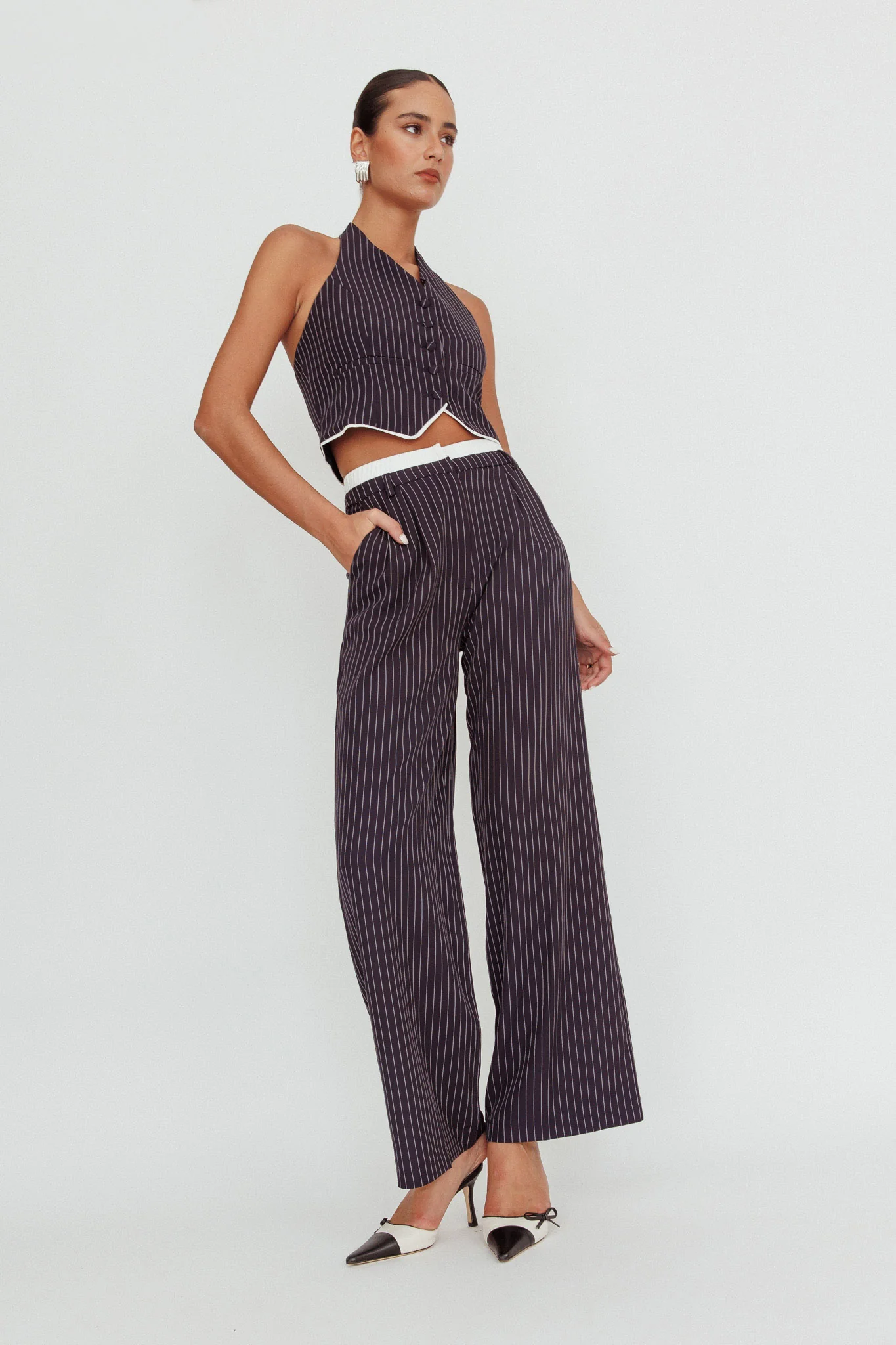 Lilija Pinstripe Double Waistband Wide-Leg Pants Navy - Image 3