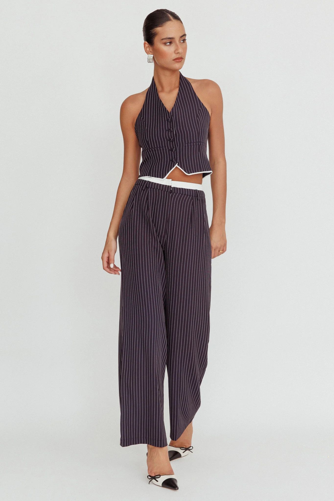 Lilija Pinstripe Double Waistband Wide-Leg Pants Navy - Image 5