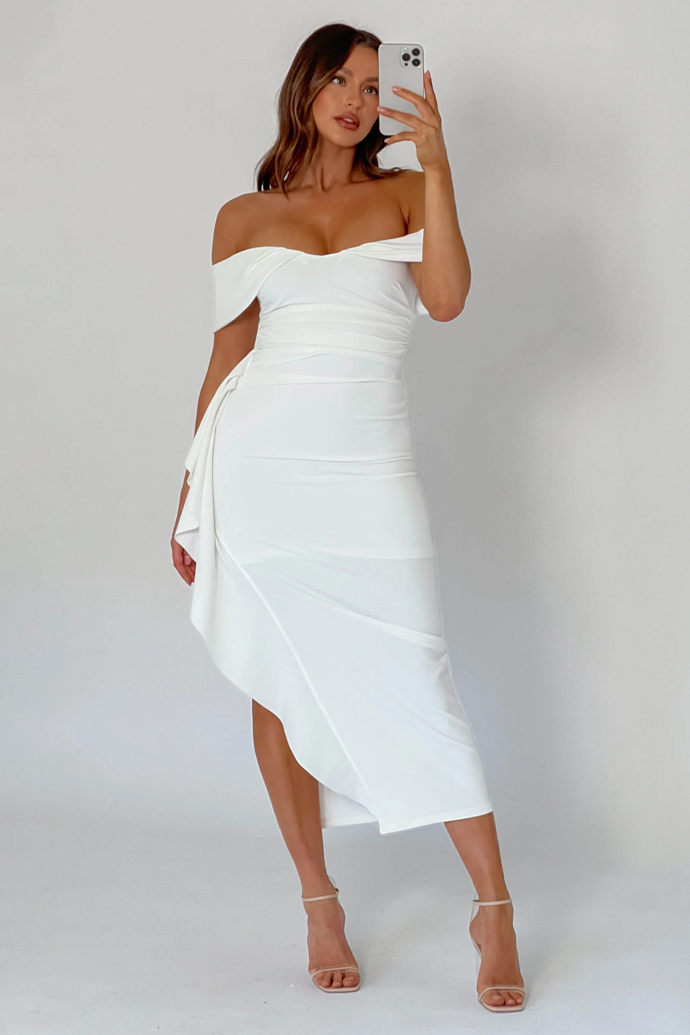 Lillianne Off-Shoulder Side Ruffle Maxi Dress White - Image 2